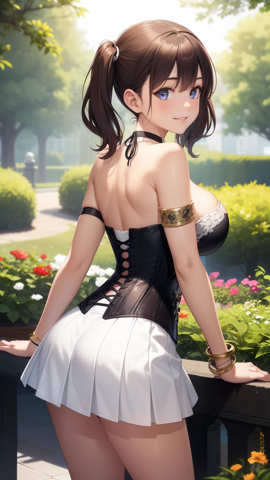 1girl, natural lighting, masterpiece, highly detailed, illustration, game CG, absurdres, high quality, aichan, large breasts, beautiful detailed eyes, medium hair, twintails, bangs, glossy lips, smirk, garden, standing, strapless corset, miniskirt, cleavage, jewelry, choker, bracelets, armband, looking back at viewer