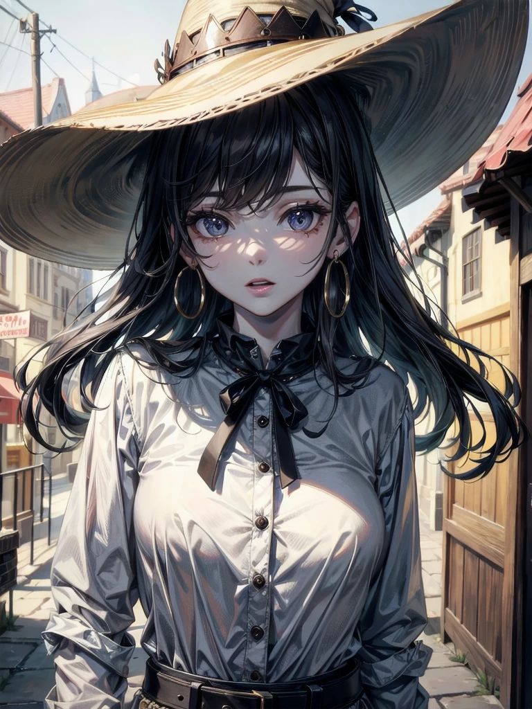 western hat, western fashion, western townscape, absurdres, RAW photo, extremely delicate and beautiful, masterpiece, Best Quality, ultra high resolution, 32k, hyperrealistic, ultra-detailed, detailed description, pale skin, 20 years old, tearful mole, earring, short medium hair, wavy hair, whole body shot,