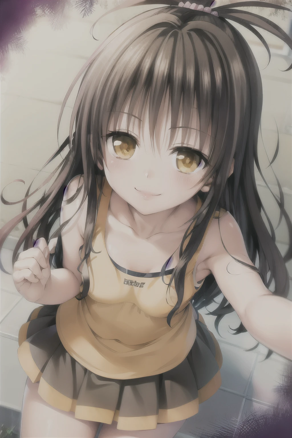 Black-haired Yuuki Mikan,Yellow Tank Top, mini skirt, smile,, (highest quality:1.3),One girl,