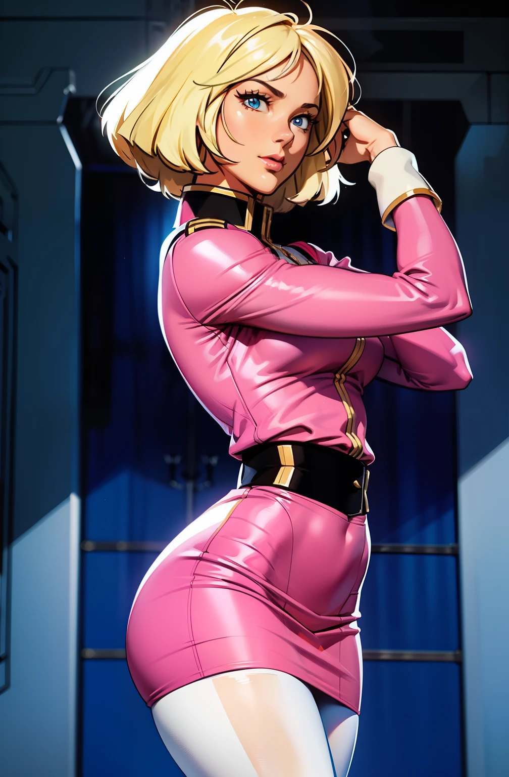 ((masterpiece)), ((cinematic lighting)), realistic photo、Real Images、Top image quality、1girl in, sayla mass, Elegant, masterpiece, Convoluted, slim arms, wide hips, thick thighs, thigh gaps, Best Quality, absurderes, high face detail, Perfect eyes, mature, Cowboy Shot, , Vibrant colors, soft pink uniform, soft pink Skirt, white tights, side view