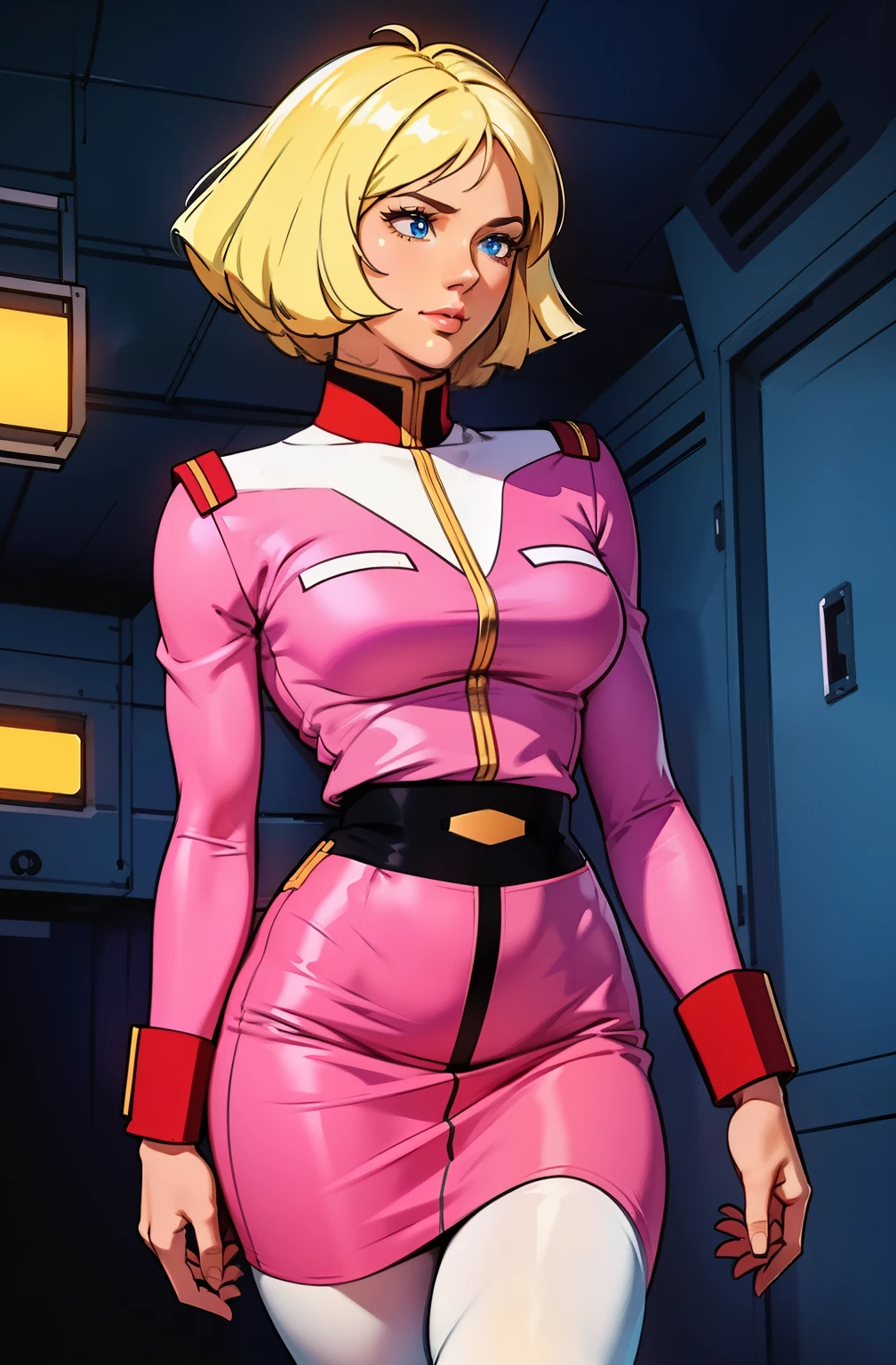 ((masterpiece)), ((cinematic lighting)), realistic photo、Real Images、Top image quality、1girl in, sayla mass, Elegant, masterpiece, Convoluted, slim arms, wide hips, thick thighs, thigh gaps, Best Quality, absurderes, high face detail, Perfect eyes, mature, Cowboy Shot, , Vibrant colors, soft pink uniform, soft pink Skirt, white tights, side view