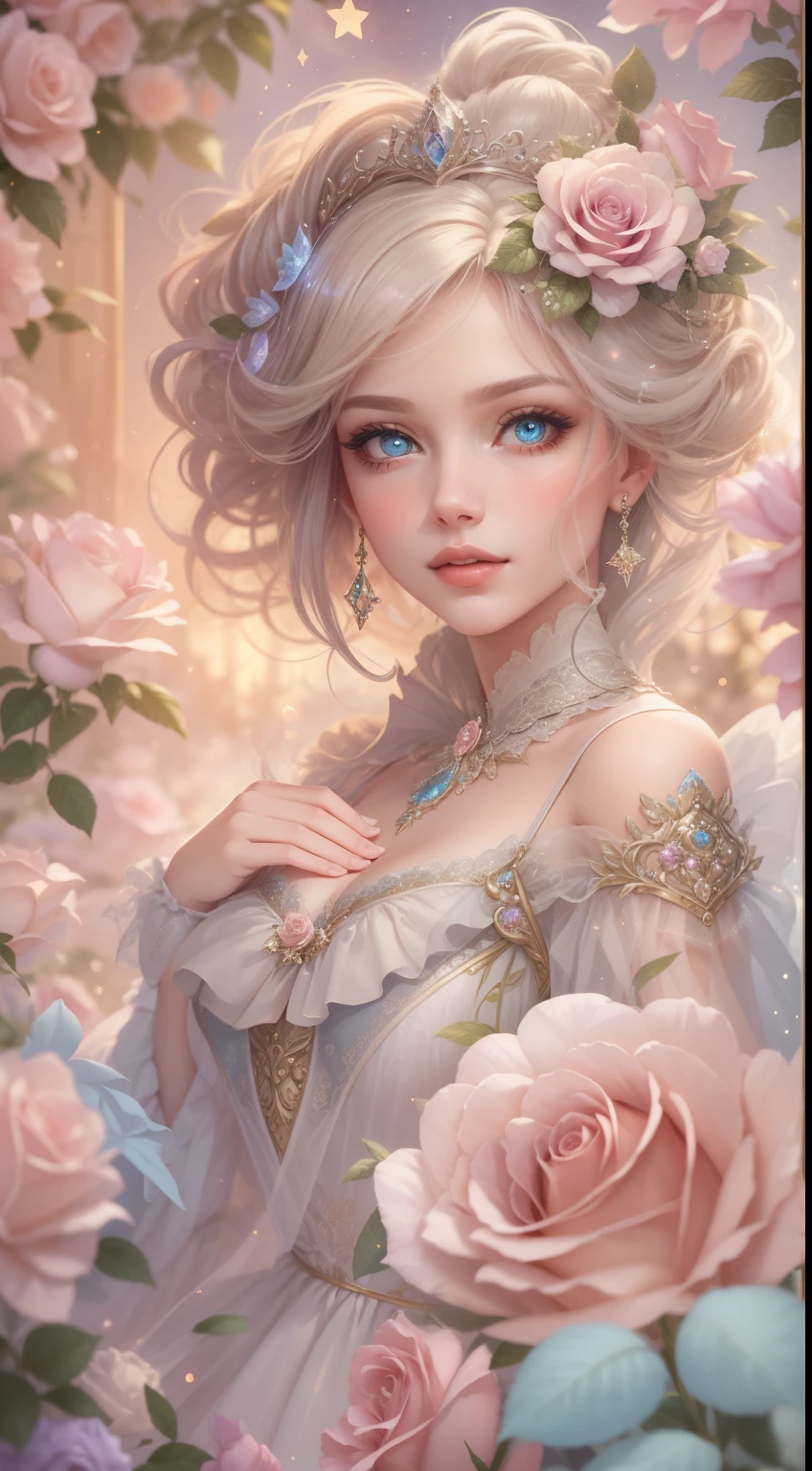 Create a realistic fantasy scene featuring a proud and graceful woman in an enchanted pastel garden. She wears a French silk ballgown adorned with ruffles and bows. Her face, highly detailed with soft and puffy lips, shines with intricate features and stunning eyes. Surround her with eternal roses in shimmering shades. Add whimsical details like stars, bubbles, and glitter for an enchanting touch. Ensure perfection in her face, hair, and eyes. Incorporate elements of high fantasy, whimsy, and detailed elegance. English rose, princess, courtesan, noblewoman, sweet, lovely, calm, lovely, shimmering, glimmering, glittering, astrological fantasy, (((masterpiece))), (highest quality)