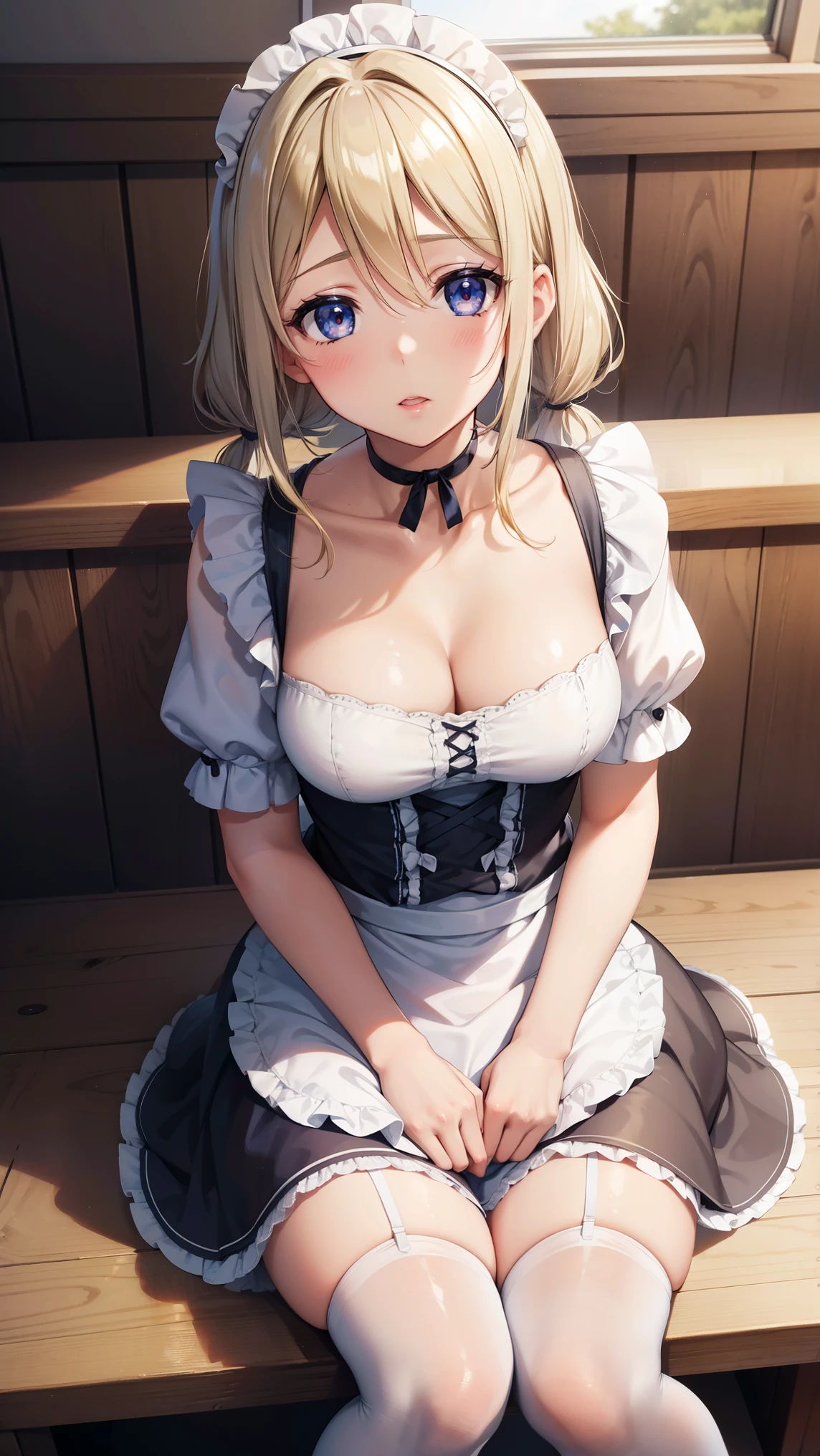 1girl, natural lighting, masterpiece, highly detailed, illustration, game CG, absurdres, high quality, beautiful detailed eyes, glossy lips, natural lighting, medium breasts, blonde hair, low twintails, bangs, hair between eyes, arisa ayase, aahiyori, maid, short puffy sleeves, white thigh highs, small maid apron, short hair, choker, collarbone, cleavage