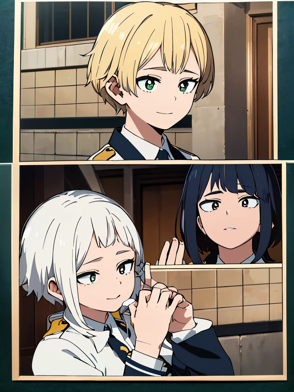 (masterpiece, best quality:1.2), usando el estilo de Boku no hero Academy (obra maestra), (((Of the highest quality)), (Super detailed), 1 chica, (Cabello ondulado, cabello blanco, pelo blanco: 1.2), 17 years old, exterior, golpes, sonrisa, ojos amarillo, manos perfectas, manos perfectas, Detalles de la mano, dedos corregidos. pendientes, , flequillo,usando el uniforme de la UA , abrazando a Mirio Togata