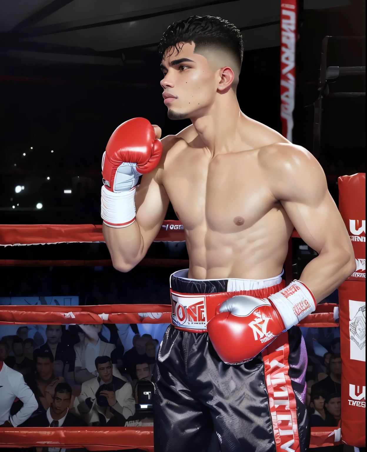 there is a man that is standing in a boxing ring, andres rios, juan diaz canales, posing ready for a fight, mohamed chahin, in a fighting stance, in a boxing ring, boxing stance, christian orrillo, eloy morales, boxing, in style of kyrill kotashev, ash thorp khyzyl saleem, david marquez