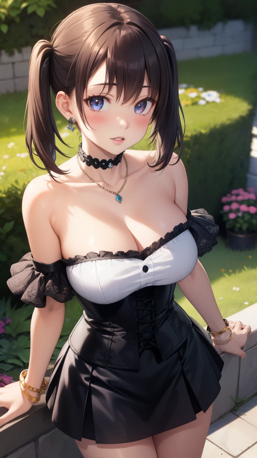 1girl, natural lighting, masterpiece, highly detailed, illustration, game CG, absurdres, high quality, aichan, large breasts, beautiful detailed eyes, medium hair, twintails, bangs, glossy lips, lips parted, blush, garden, standing, strapless corset, miniskirt, collarbone, cleavage, jewelry, choker, necklace, bracelets, armband