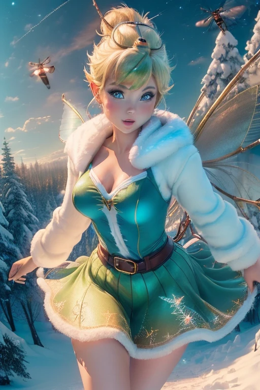 masterpiece, 8k, Perfect lighting, , Adult, woman, View Viewer, Cinema Lighting, Cowboy Shot,  (Tinkerbell:1.5), (TinkerbellWaifu:1.1), Single hair bun, (緑のwinter用コート), (Green clothes), ((Clothes made from leaves)), Pointed Ears, blue eyes, (Fine grain:1.2), blush, Shrank, Flying in the air, (fly in the sky:1.8), cloud, Pixie Dust, winter, snow,  forest, island, 