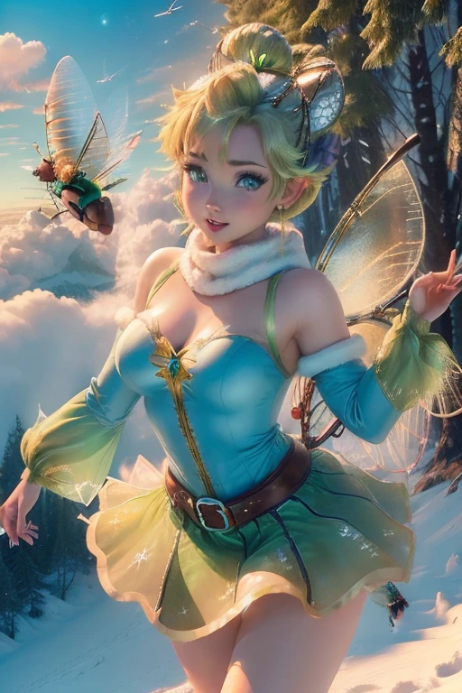 masterpiece, 8k, Perfect lighting, , Adult, woman, View Viewer, Cinema Lighting, Cowboy Shot,  (Tinkerbell:1.5), (TinkerbellWaifu:1.1), Single hair bun, (緑のwinter用コート), (Green clothes), ((Clothes made from leaves)), Pointed Ears, blue eyes, (Fine grain:1.2), blush, Shrank, Flying in the air, (fly in the sky:1.8), cloud, Pixie Dust, winter, snow,  forest, island, 