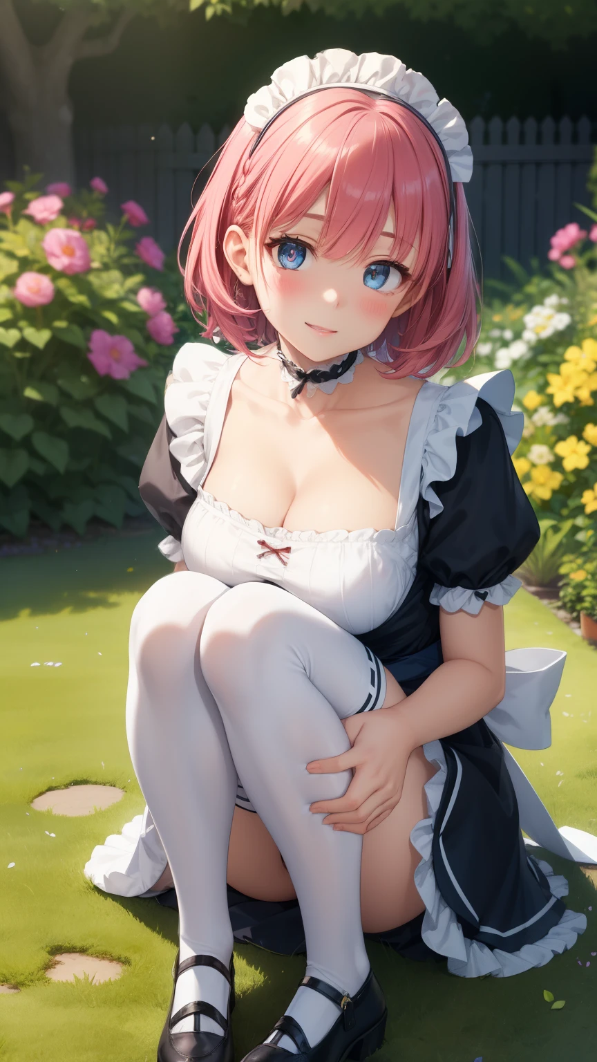 1girl, natural lighting, masterpiece, highly detailed, illustration, game CG, absurdres, high quality, aichan, large breasts, beautiful detailed eyes, medium bright pink hair, bangs, glossy lips, light smile, blush, garden, maid, short puffy sleeves, small maid apron, thigh highs, collarbone, cleavage, sitting on the ground, (knees bent:1.2), choker