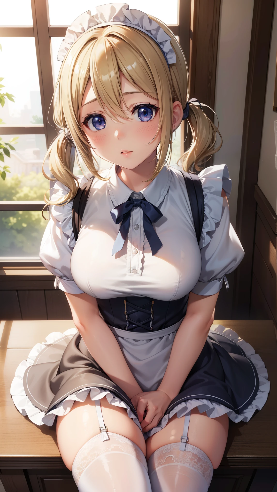 1girl, natural lighting, masterpiece, highly detailed, illustration, game CG, absurdres, high quality, beautiful detailed eyes, glossy lips, natural lighting, medium breasts, blonde hair, low twintails, bangs, hair between eyes, arisa ayase, aahiyori, maid, short puffy sleeves, white thigh highs, small maid apron, short hair