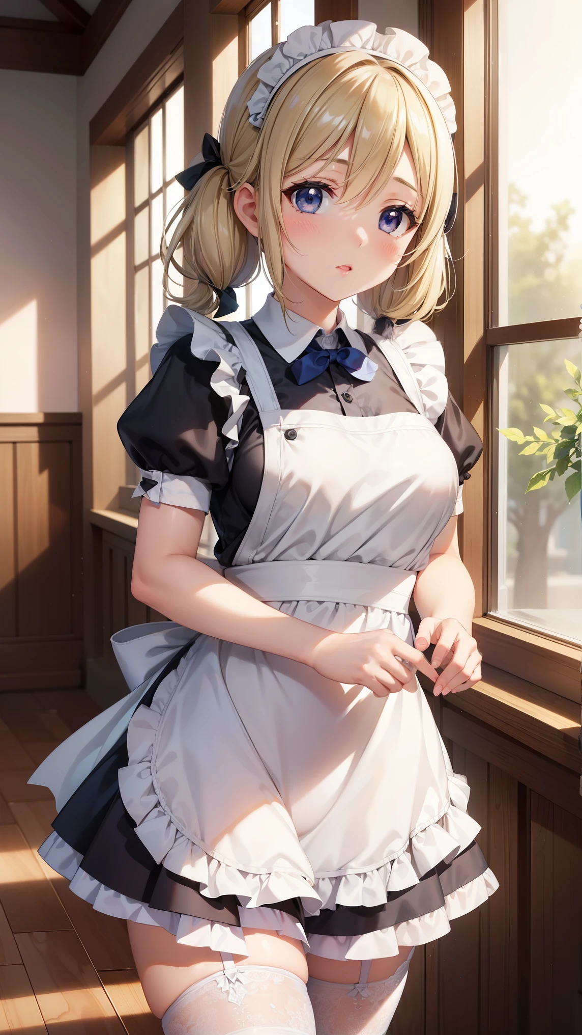 1girl, natural lighting, masterpiece, highly detailed, illustration, game CG, absurdres, high quality, beautiful detailed eyes, glossy lips, natural lighting, medium breasts, blonde hair, low twintails, bangs, hair between eyes, arisa ayase, aahiyori, maid, short puffy sleeves, white thigh highs, small maid apron, short hair