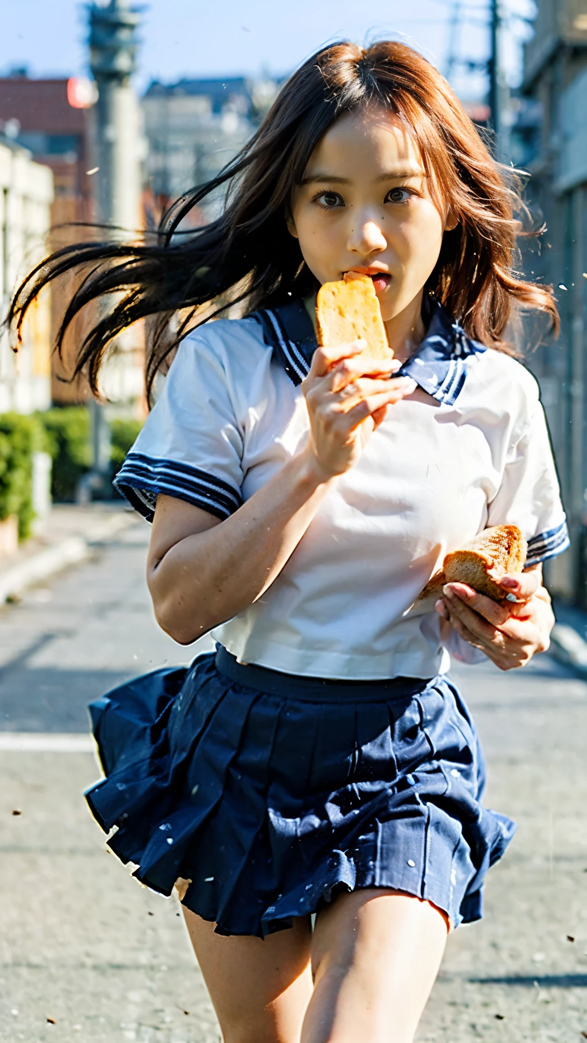 ((highest quality、masterpiece))、Navy blue sailor suit、white collar、The blue line of the Kafini skirt、mini skirt(((high school girl 、Gal)))、((It is in a hurry、Long Hair、Hair in disarray in the wind、Her messy skirt flips up、Skirt floats))、Big eyes,impatience,Nervous,Sweat,(((Sprinting, Holding a square slice of bread tightly in his mouth:1.5)))、((((Both hands do not hold anything)))),Red cheeks、It is in a hurry様子、((((against the wind))),(Run in a forward-leaning position、Speed,Her hair and uniform skirt are fluttering in the wind)、Black shoulder bag、Green tree々、Flowers bloom on both sides of the road、The sky is blue、