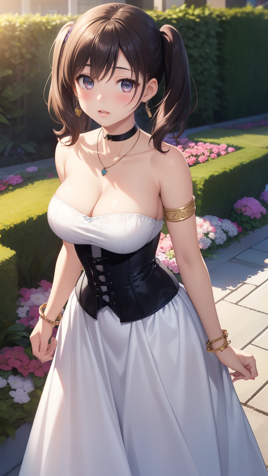 1girl, natural lighting, masterpiece, highly detailed, illustration, game CG, absurdres, high quality, aichan, large breasts, beautiful detailed eyes, medium hair, twintails, bangs, glossy lips, lips parted, blush, garden, standing, strapless corset dress, collarbone, cleavage, jewelry, choker, necklace, bracelets, armband