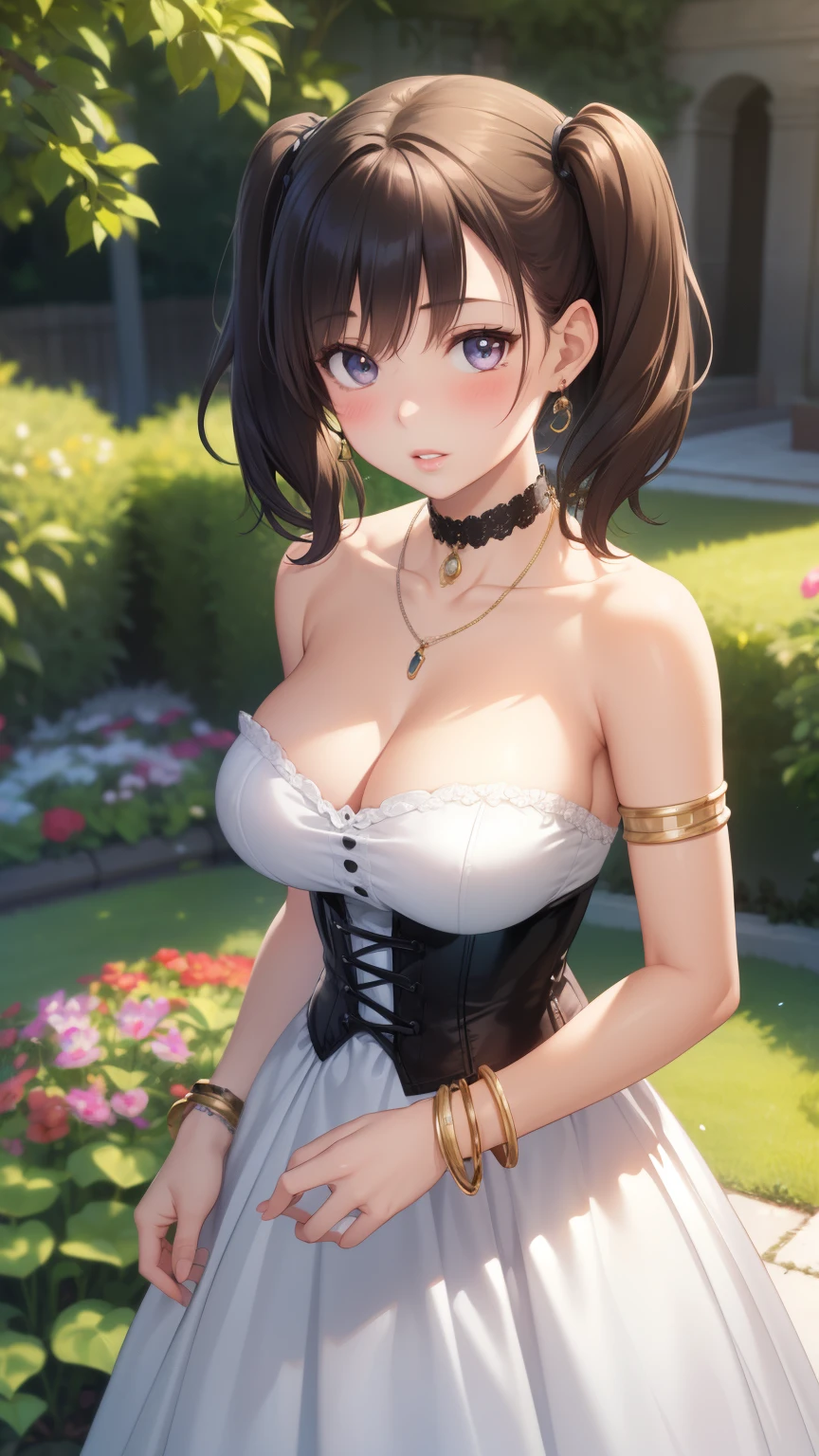 1girl, natural lighting, masterpiece, highly detailed, illustration, game CG, absurdres, high quality, aichan, large breasts, beautiful detailed eyes, medium hair, twintails, bangs, glossy lips, lips parted, blush, garden, standing, strapless corset dress, collarbone, cleavage, jewelry, choker, necklace, bracelets, armband