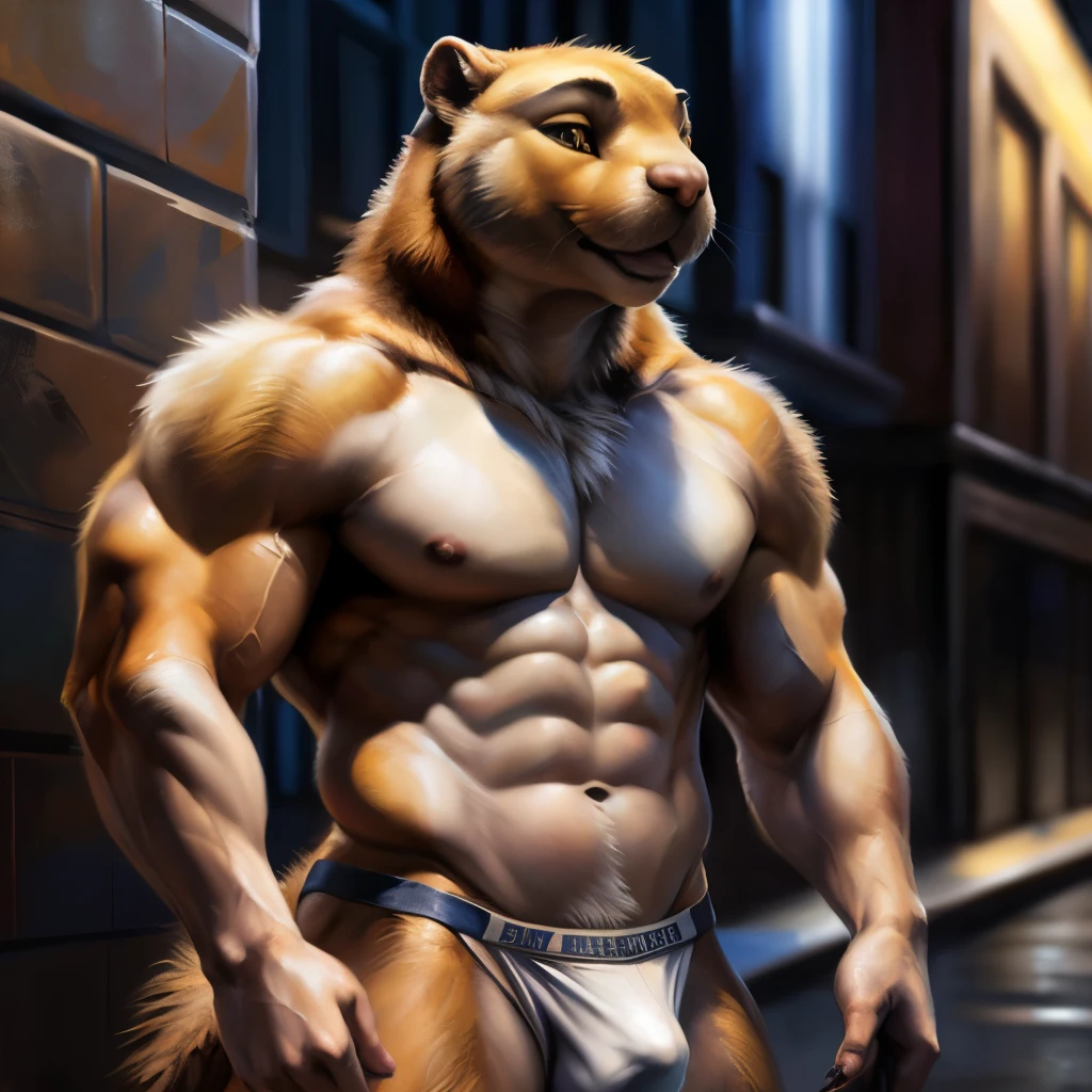 ((((Prairie dog)))), smug seductive face, bodybuilder, muscular male, muscular, detailed muscles, detailed fur, bright fur, bright body, night, bulge, detailed face, high detailed, high resolution, underwear, high quality, detailed eyes, detailed background, alley background, detailed muscular abs, huge muscular pecs, huge muscular biceps, thick muscular thighs, anthro, loincloth, male, full portrait, by bomb, by chunie, by bruteandbrawn, by personalami, by kenket, (intricate, high detail, film photography, soft focus, RAW candid cinema, photorealism, realistic, photorealistic, analog style, subsurface scattering, masterpiece, best quality, ultra realistic, 8k)