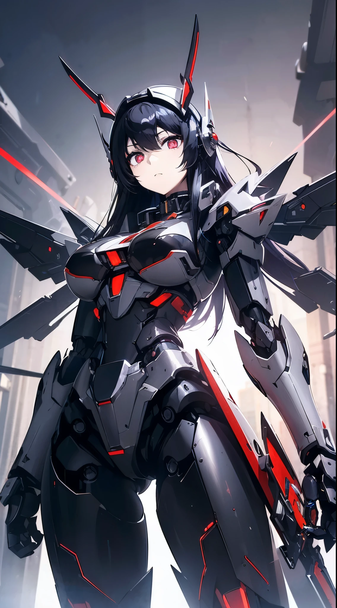 Machine eyes glowing red、Expressionless