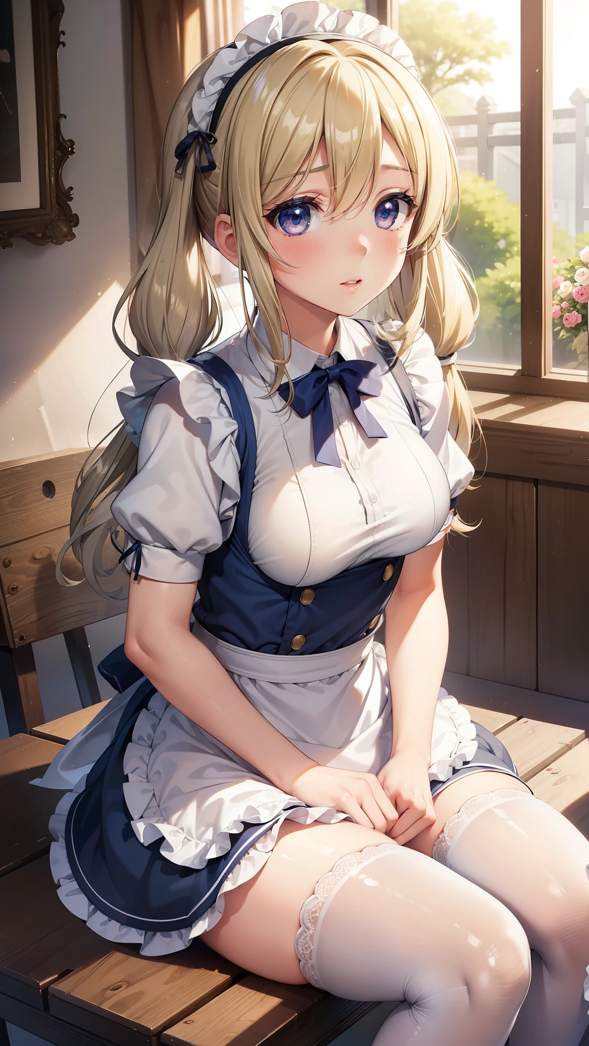 1girl, natural lighting, masterpiece, highly detailed, illustration, game CG, absurdres, high quality, beautiful detailed eyes, glossy lips, natural lighting, medium breasts, blonde hair, low twintails, bangs, hair between eyes, arisa ayase, aahiyori, maid, short puffy sleeves, white thigh highs, small maid apron