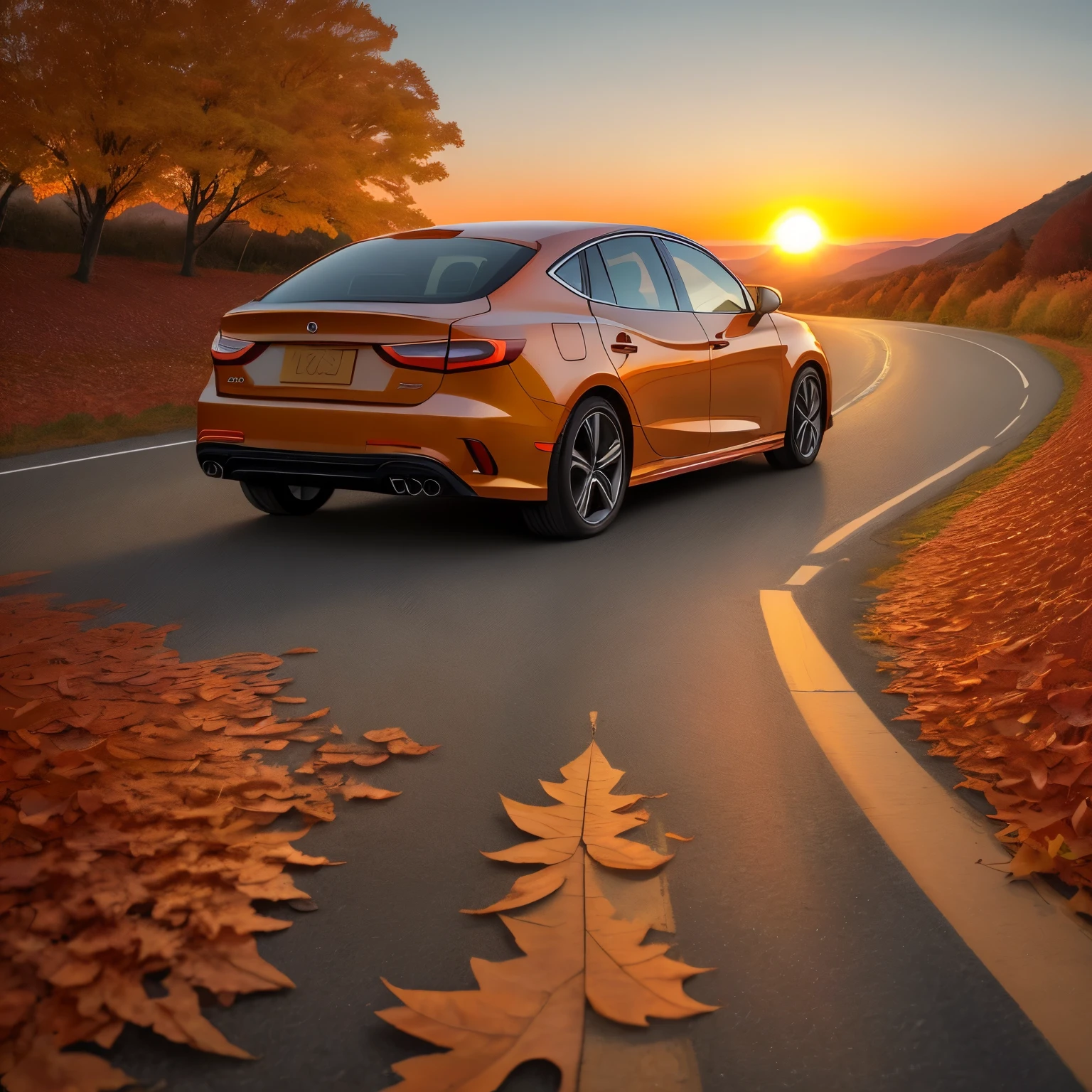 Draw a radiant sun setting on the horizon, with a car driving towards it, leaving a trail of autumn leaves or vibrant plants behind. The back of the car should be the first thing visible in the image, creating an illusion that the car is about to drive off into the setting sun.