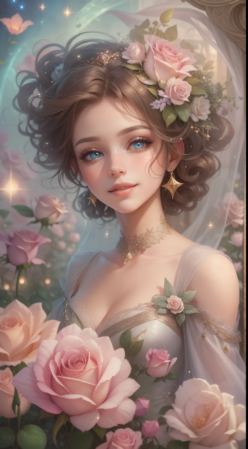 Create a realistic fantasy scene featuring a proud and graceful woman in an enchanted pastel garden. She wears a French silk ballgown adorned with ruffles and bows. ((Her face, highly detailed with soft and puffy lips, shines with intricate features and stunning eyes.)) Her expression is delicate, shy, and content. Surround her with eternal roses in shimmering shades. Add whimsical details like stars, bubbles, and glitter for an enchanting touch. Ensure perfection in her face, hair, and eyes. Incorporate elements of high fantasy, whimsy, and detailed elegance. English rose, princess, courtesan, noblewoman, sweet, lovely, calm, lovely, shimmering, glimmering, glittering, astrological fantasy, (((masterpiece))), (highest quality), magic rose, fantasy garden, beautiful face, perfect face, puffy lips, interesting, shy smile, fantasy elements, magic rose
