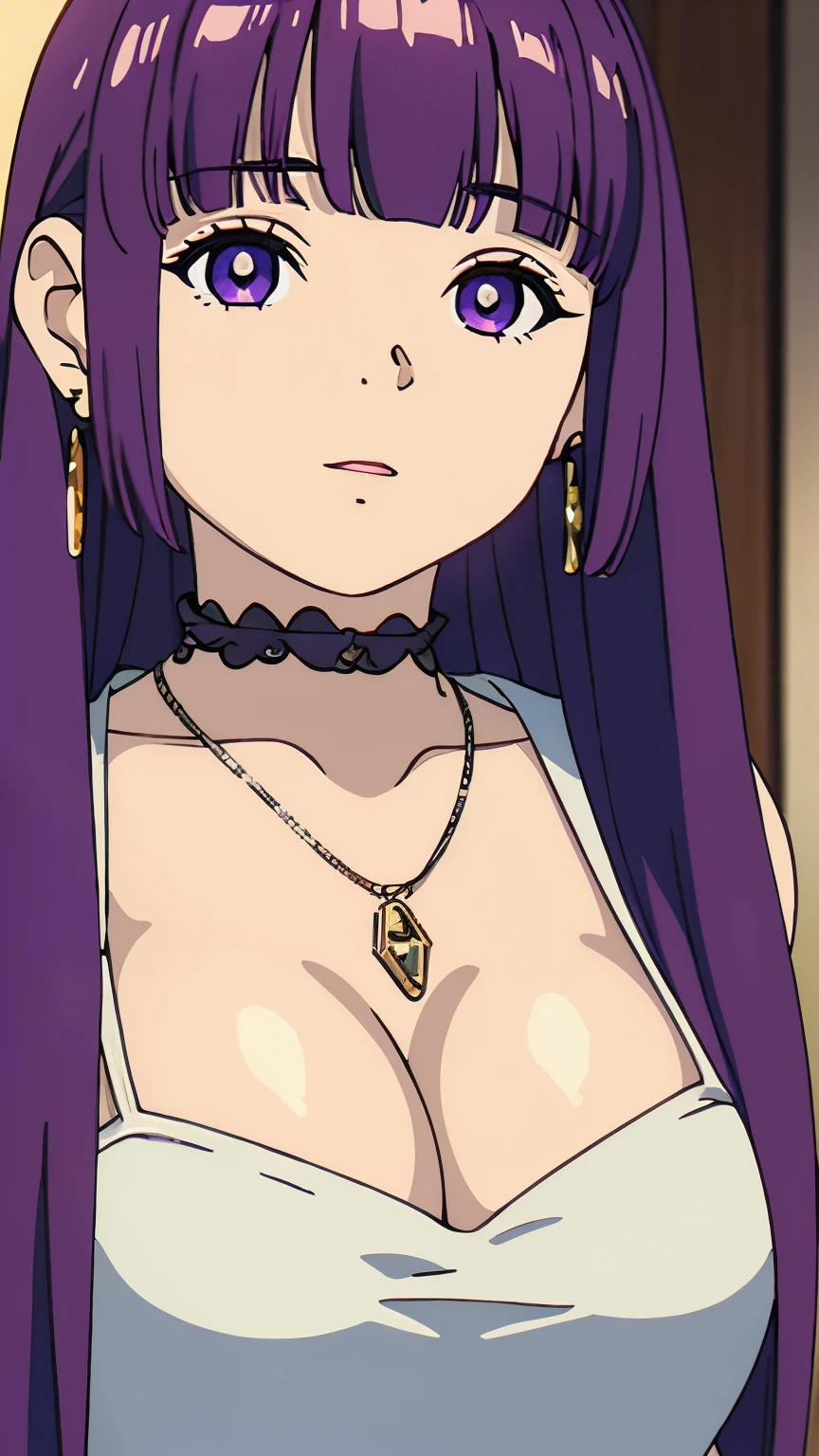 ((fern)),(masterpiece:1.2),(highest quality:1.2),(Ultra-high resolution:1.2),(8k:1.2),Realistic,photo Realistic,hyper Realistic,Smoother lighting,Super detailed,Improvement of quality,Sharp focus,alone,girl1name,girl,Long Hair,(Large breasts, Dress,Glitter dresses, Party Dresses, necklace,Earrings:1.3),Dynamic Angle,Watching the audience, In the center of the image,