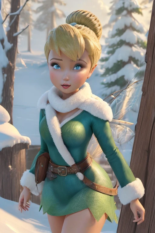 masterpiece, 8k, Perfect lighting, , Adult, woman, View Viewer, Cinema Lighting, Cowboy Shot,  (Tinkerbell:1.5), (TinkerbellWaifu:1.1), Single hair bun, (緑のwinter用コート), (Green clothes), ((Clothes made from leaves)), Pointed Ears, blue eyes, (Fine grain:1.2), blush, Shrank, Flying in the air, (fly in the sky:1.8), cloud, Pixie Dust, winter, snow,  forest, island, 