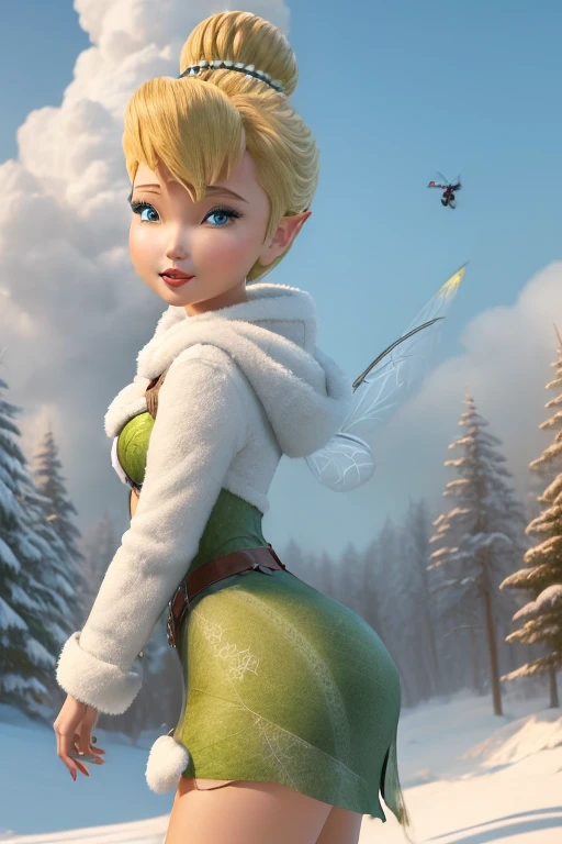 masterpiece, 8k, Perfect lighting, , Adult, woman, View Viewer, Cinema Lighting, Cowboy Shot,  (Tinkerbell:1.5), (TinkerbellWaifu:1.1), Single hair bun, (緑のwinter用コート), (Green clothes), ((Clothes made from leaves)), Pointed Ears, blue eyes, (Fine grain:1.2), blush, Shrank, Flying in the air, (fly in the sky:1.8), cloud, Pixie Dust, winter, snow,  forest, island, 