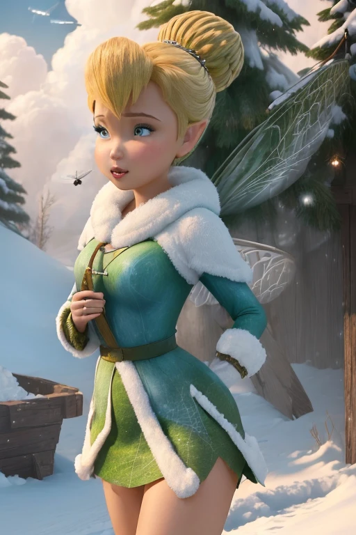 masterpiece, 8k, Perfect lighting, , Adult, woman, View Viewer, Cinema Lighting, Cowboy Shot,  (Tinkerbell:1.5), (TinkerbellWaifu:1.1), Single hair bun, (緑のwinter用コート), (Green clothes), ((Clothes made from leaves)), Pointed Ears, blue eyes, (Fine grain:1.2), blush, Shrank, Flying in the air, (fly in the sky:1.8), cloud, Pixie Dust, winter, snow,  forest, island, 