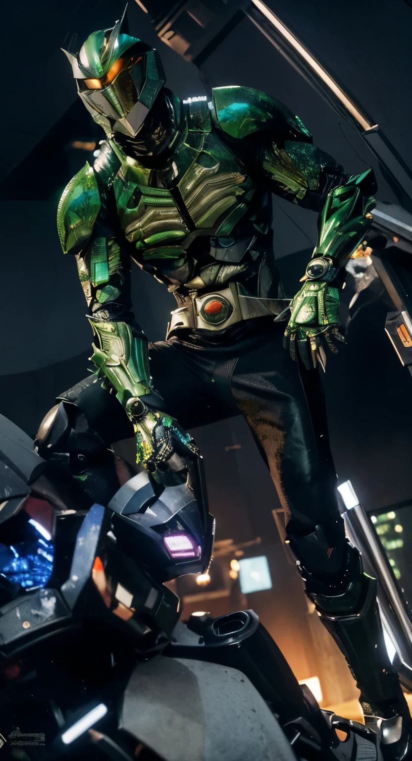((melhor qualidade)), ((Obra de arte)), (detalhado), Kamen Rider, technological black armor, roupa preta, Technical fact, agente secreto, robot, technological, ((futurista)),((sozinho)), ((monstro)),((inseto formiga)), realista, ((masculino)),((homem)),((kamen Rider)),((mascarado)), ((asqueroso)), ((robotic suit)), ((Kamen Rider shin)),((armadura monstruosa)),((esconder corpo)),((pose de batalha Kamen Rider shin)),((pronto para batalha)), ((capacete de inseto formiga)),((robotic suit)),driver rider,antenas de formiga no capacete, Henshin, combate, capacete detalhado, resemblance to humanoid monster, armadura viva