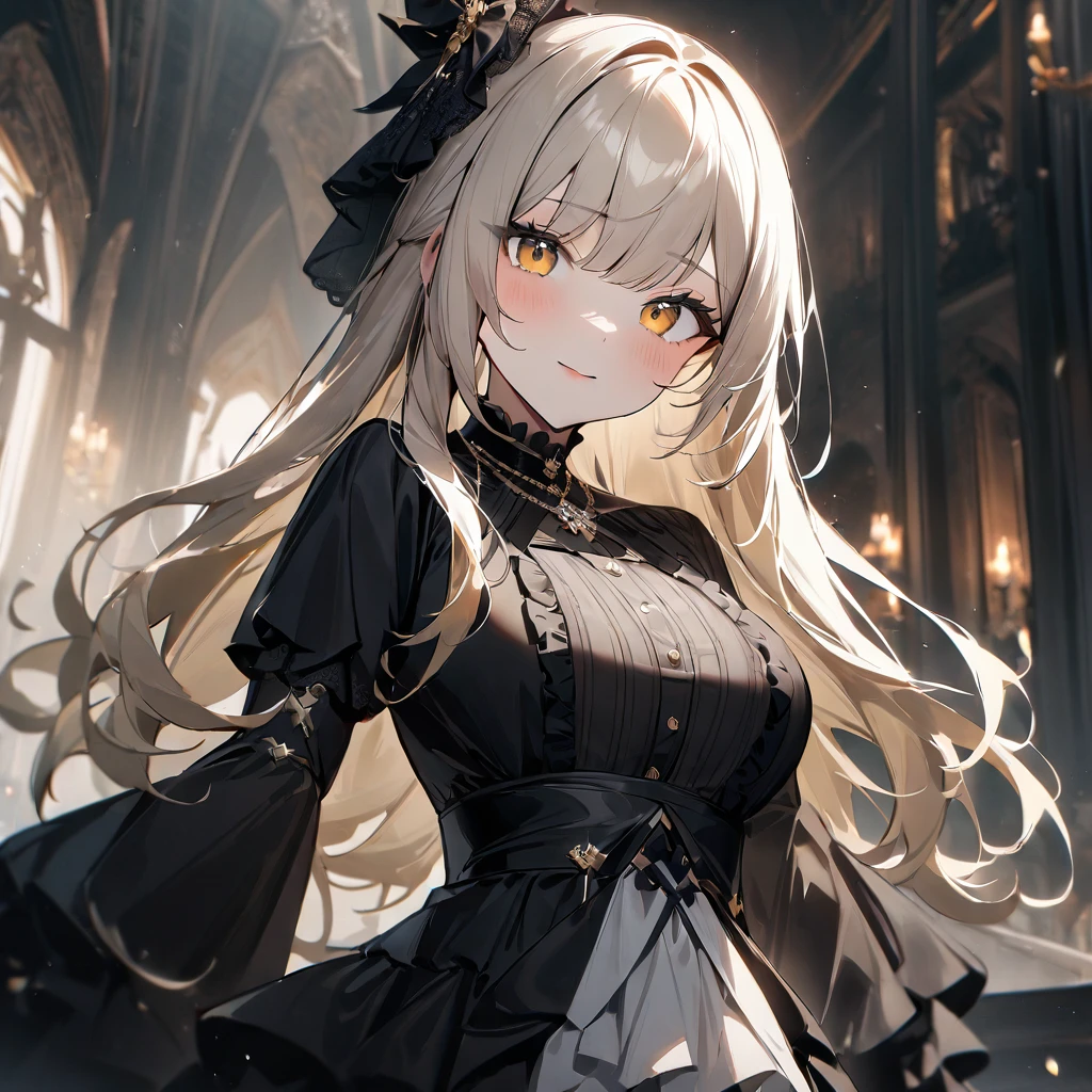 1 girl,best quality, very aesthetic, absurdres,looking at viewer,front view,Lovely lady,high-grade,layer,westfrill,light hair,multilayer,blackcolor,trim,(side-Crisscross),breasts,upscale,Layered,yellow pale