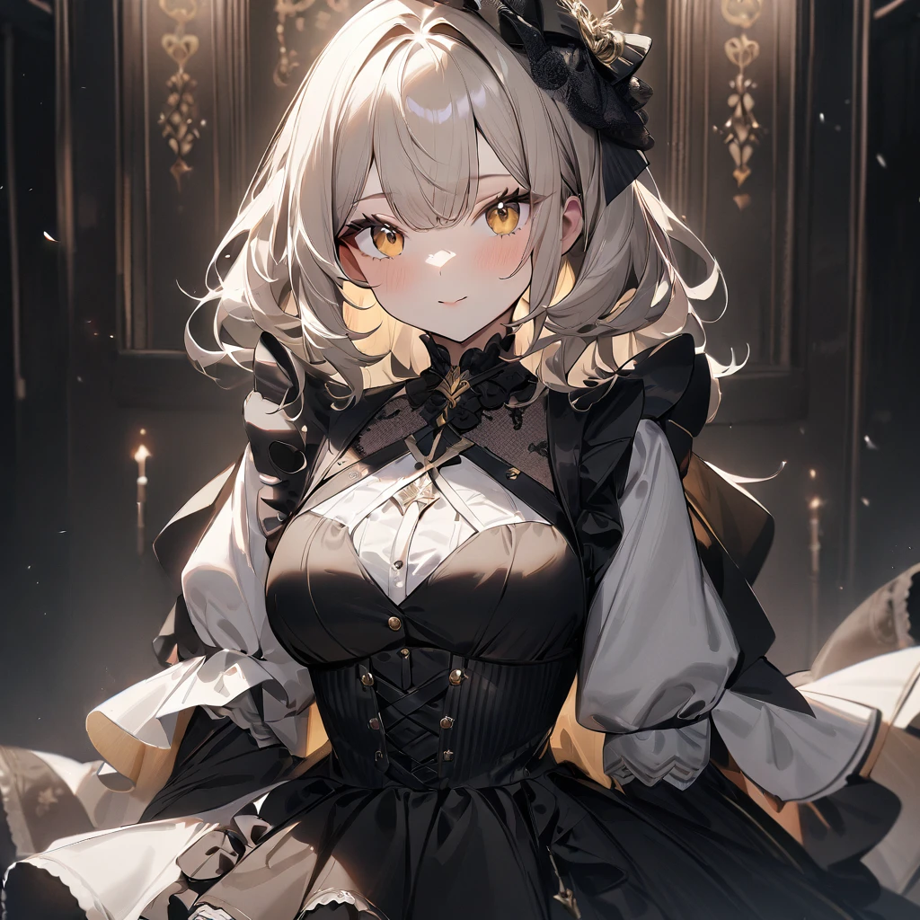 1 girl,best quality, very aesthetic, absurdres,looking at viewer,front view,Lovely lady,high-grade,layer,westfrill,light hair,multilayer,blackcolor,trim,(side-Crisscross),breasts,upscale,Layered,yellow pale