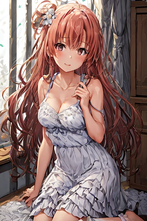 ((highest quality)), ((masterpiece)), (be familiar with), Perfect Face, indoor, Bedroom, Watching the audience,
One woman, Yuigahama Yui,
Open Mouth, Ecstatic expression, blush, smile,
Small breasts, Flat Chest, Young Girl, , , Girl,
Short Hair, Salmon-colored hair, Salmon-colored eyes, Side Pony,
Leg spread,