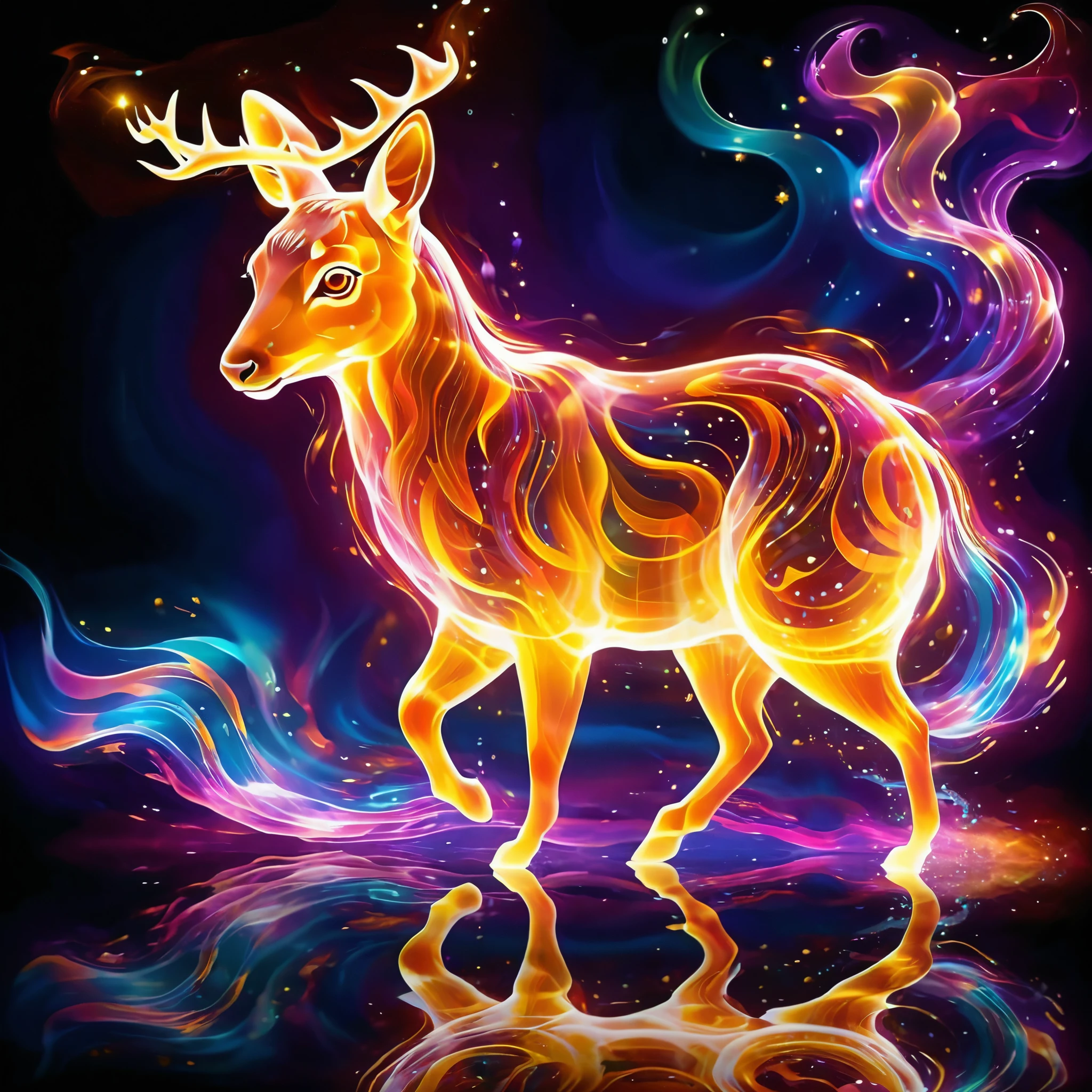 Glowing energy forms the shapes of random animals, forming intricate patterns that seem to ripple and shift with the passage of time.