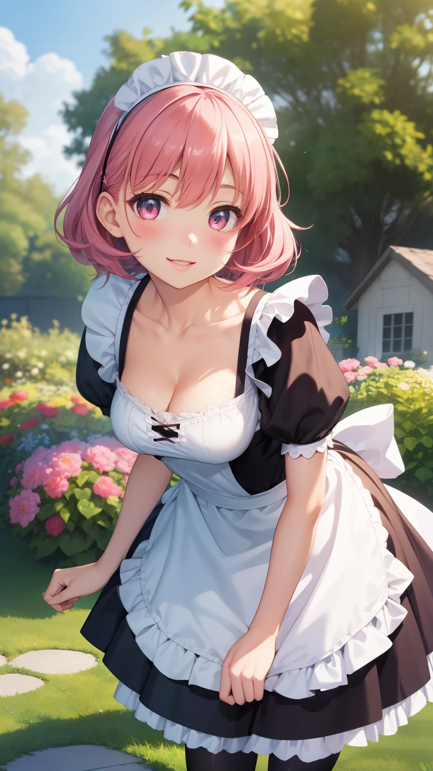 1girl, natural lighting, masterpiece, highly detailed, illustration, game CG, absurdres, high quality, aichan, large breasts, beautiful detailed eyes, medium bright pink hair, bangs, glossy lips, light smile, blush, garden, maid, short puffy sleeves, small maid apron, thigh highs, collarbone, cleavage, leaning forward, (curtsey)