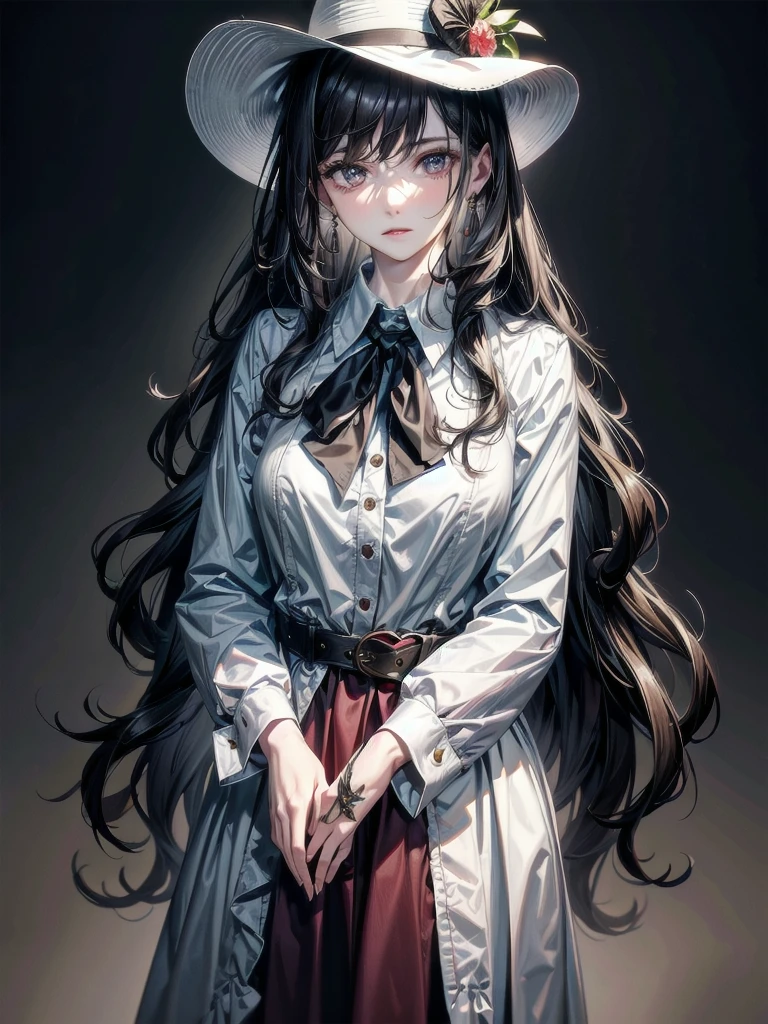 western hat, collared shirt, western fashion, western townscape, absurdres, RAW photo, extremely delicate and beautiful, masterpiece, Best Quality, ultra high resolution, 32k, hyperrealistic, ultra-detailed, detailed description, pale skin, 20 years old, tearful mole, earring, short medium hair, wavy hair, whole body shot,