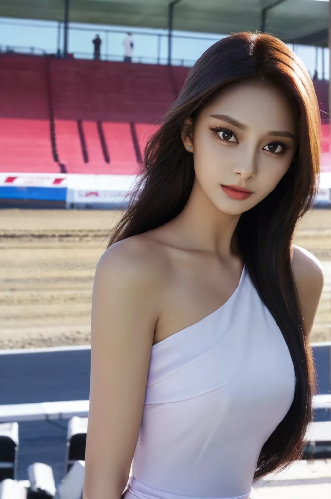 Tzuyu 1, woman, (Realistic), (Hyperrealism), (photoRealistic), Depth of written boundary, eye make up:0.7 (whole body:1.2), (Large Bust),(Tight waist), Watching the audience,In the pits at the racing track, Race Queen, Sexy dress with open shoulders and neckline