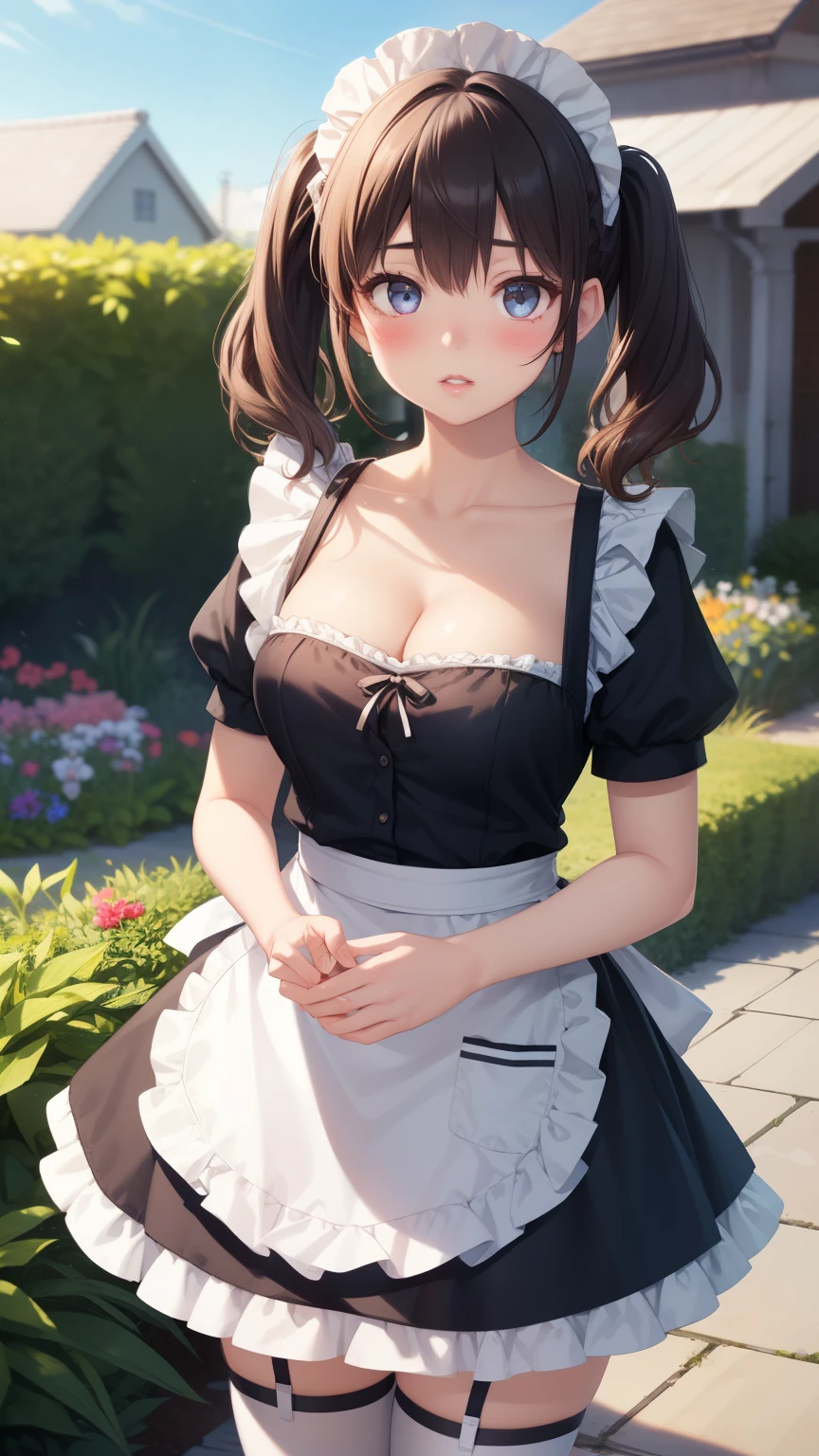 1girl, natural lighting, masterpiece, highly detailed, illustration, game CG, absurdres, high quality, aichan, large breasts, beautiful detailed eyes, medium hair, twintails, bangs, glossy lips, lips parted, blush, garden, standing, maid, short puffy sleeves, small maid apron, white thigh highs, collarbone, cleavage, from below