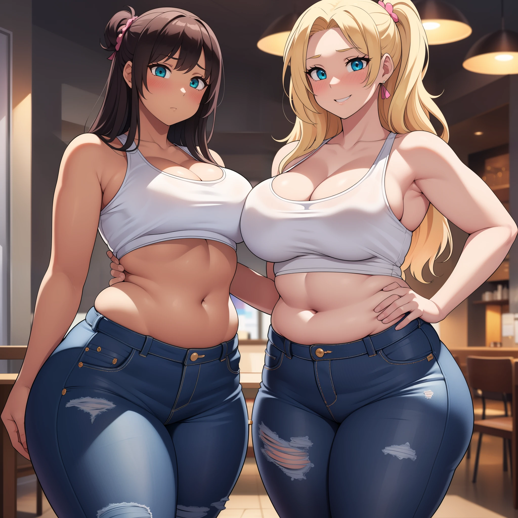 ((highres)), Masterpiece, high quality, best quality, beautiful, perfect lighting, detailed face, ultra cute face, ((blushing)), (((2girls))), one girl has blonde hair, blue eyes, crop top and shorts skindentation, one girl has brown hair, green eyes, jeans, white shirt, tight clothes, one girl has, full body, fast food restaurant, cleavage, medium breasts, ((wide hips)), ((thick thighs)), (fat ass), ((plump)), chubby belly, fat folds, belly hang, standing, touching each other,