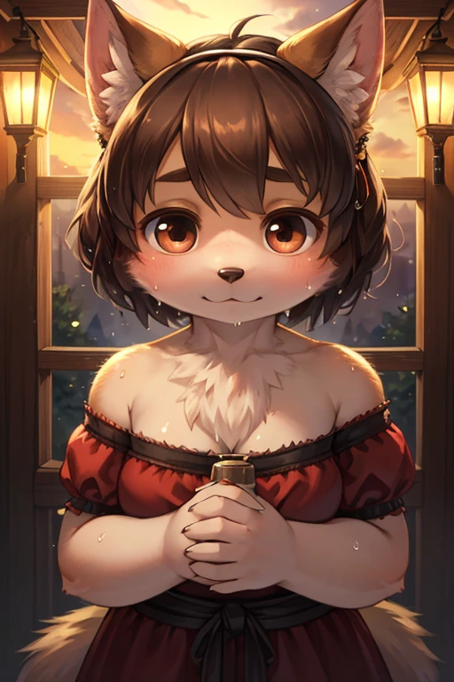 realistic hairy fur , round face , moist round eyes , Swollen cheeks , hair ties , Short stature , masterpiece, highest quality,  Absurd, View Viewer, alone, Rita Rossweisse (A Midsummer Night&#39;s Dream), Rita Rossweisse, shirt, pantyhose, Red Rose, Red eyes, Blonde Hair, Long sleeve, Mole under the eye, Hair on one eye,  frilled shirt, white shirt,  Captivating smile,  (Ulzzang-6500:0.8), Long Hair, Day, Outdoor black pantyhose