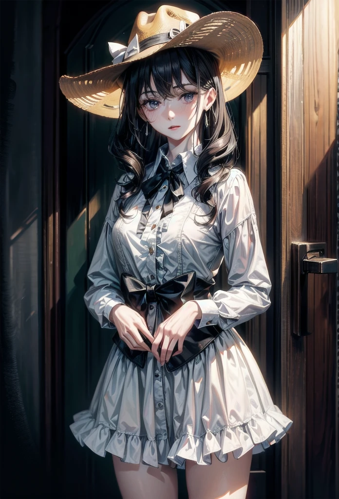 western hat, collared shirt, western fashion, western townscape, absurdres, RAW photo, extremely delicate and beautiful, masterpiece, Best Quality, ultra high resolution, 32k, hyperrealistic, ultra-detailed, detailed description, pale skin, 20 years old, tearful mole, earring, short medium hair, wavy hair, whole body shot,