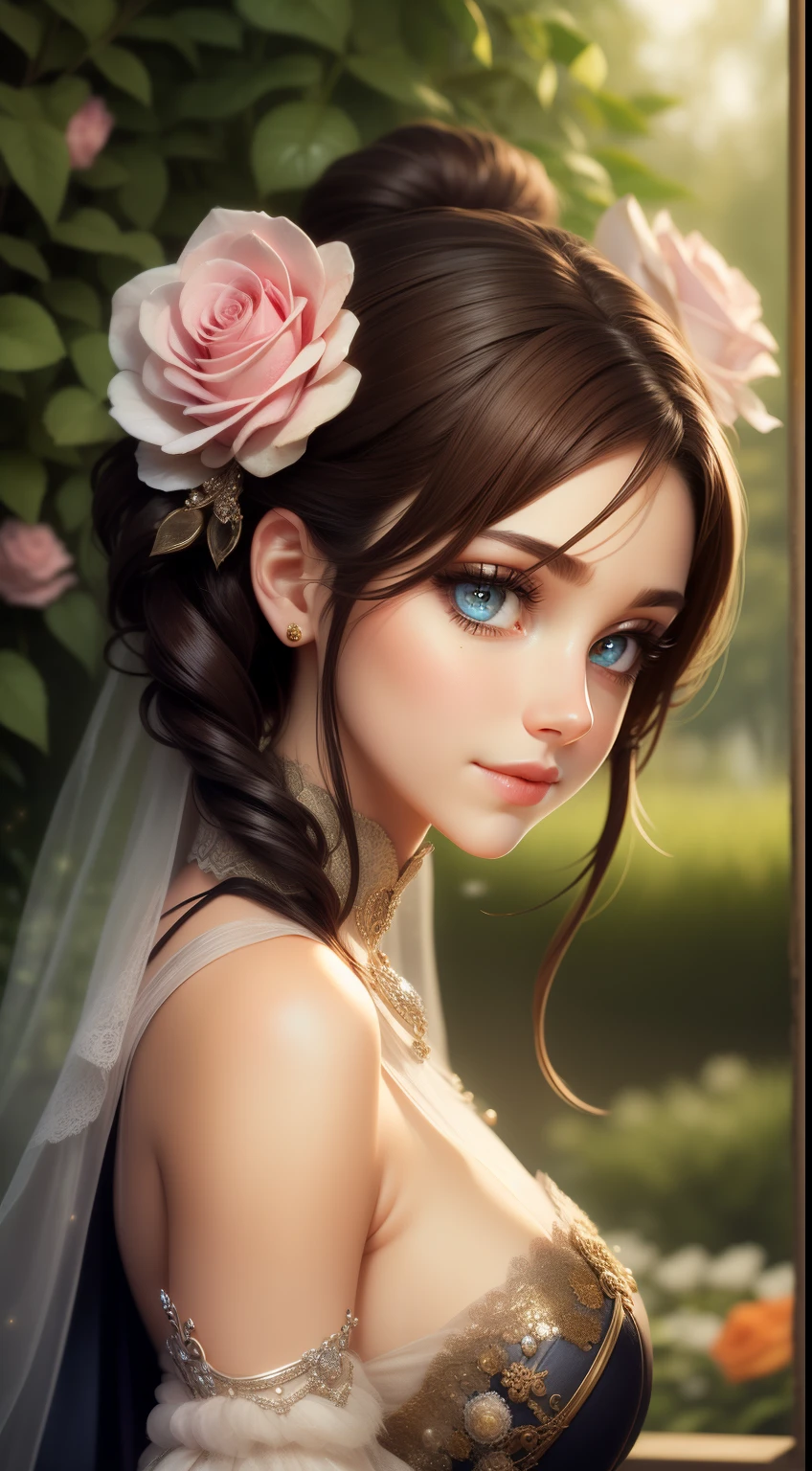 Create a realistic fantasy scene featuring a proud and graceful woman in an enchanted pastel garden. She wears a French silk ballgown adorned with ruffles and bows. ((Her face, highly detailed with soft and puffy lips, shines with intricate features and stunning eyes.)) Her expression is delicate, shy, and content. Surround her with eternal roses in shimmering shades. Add whimsical details like stars, bubbles, and glitter for an enchanting touch. Ensure perfection in her face, hair, and eyes. Incorporate elements of high fantasy, whimsy, and detailed elegance. English rose, princess, courtesan, noblewoman, sweet, lovely, calm, lovely, shimmering, glimmering, glittering, astrological fantasy, (((masterpiece))), (highest quality), magic rose, fantasy garden, beautiful face, perfect face, puffy lips, interesting, shy smile, fantasy elements, magic rose
