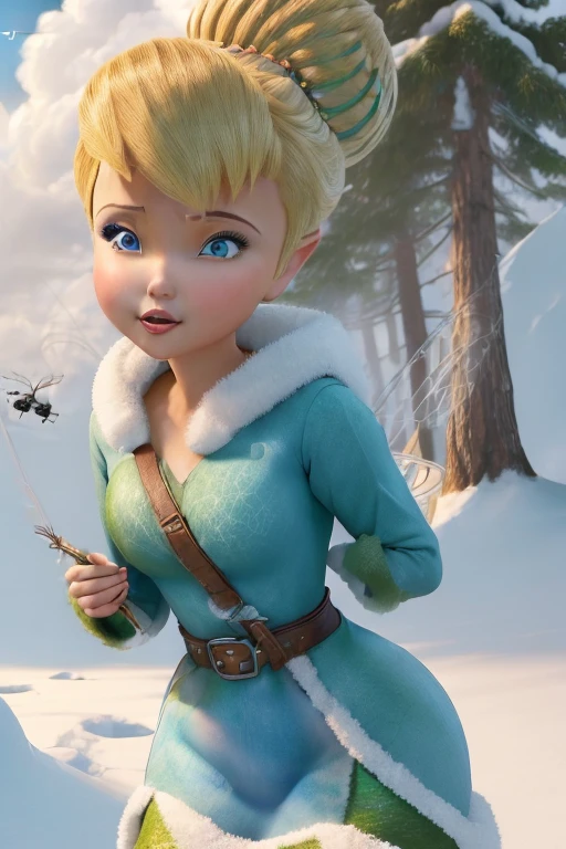 masterpiece, 8k, Perfect lighting, , Adult, woman, View Viewer, Cinema Lighting, Cowboy Shot, (Tinkerbell:1.5), (TinkerbellWaifu:1.1), Single hair bun, (緑のwinter用コート), (Green clothes), ((Clothes made from leaves)), Pointed Ears, blue eyes, (Fine grain:1.2), blush, Shrank, Flying in the air, (fly in the sky:1.8), cloud, Pixie Dust, winter, snow, forest, island,