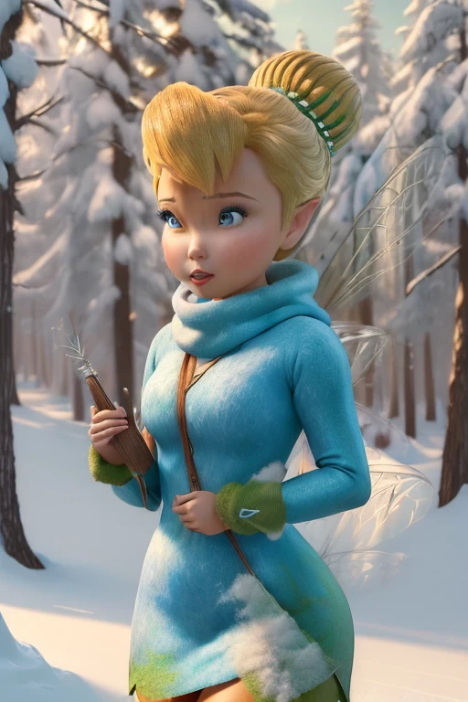 masterpiece, 8k, Perfect lighting, , Adult, woman, View Viewer, Cinema Lighting, Cowboy Shot,  (Tinkerbell:1.5), (TinkerbellWaifu:1.1), Single hair bun, (緑のwinter用コート), (Green clothes), ((Clothes made from leaves)), Pointed Ears, blue eyes, (Fine grain:1.2), blush, Shrank, Flying in the air, (fly in the sky:1.8), cloud, Pixie Dust, winter, snow,  forest, island, 