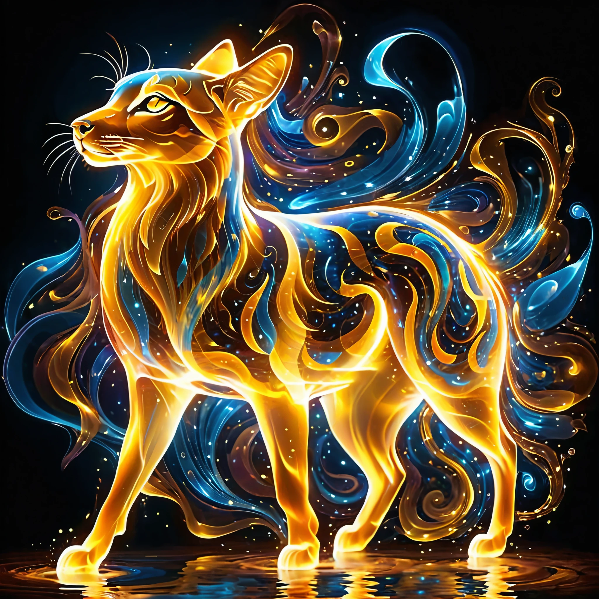 Glowing energy forms the shapes of random animals, forming intricate patterns that seem to ripple and shift with the passage of time.