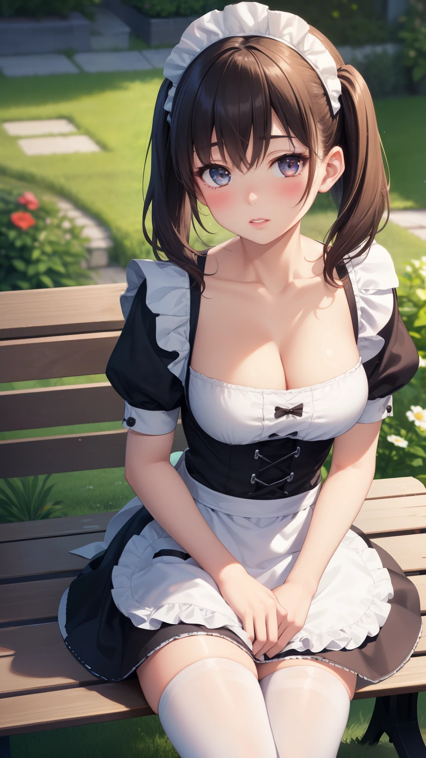 1girl, natural lighting, masterpiece, highly detailed, illustration, game CG, absurdres, high quality, aichan, large breasts, beautiful detailed eyes, medium hair, twintails, bangs, glossy lips, lips parted, blush, garden, bench, sitting, maid, short puffy sleeves, small maid apron, white thigh highs, collarbone, cleavage