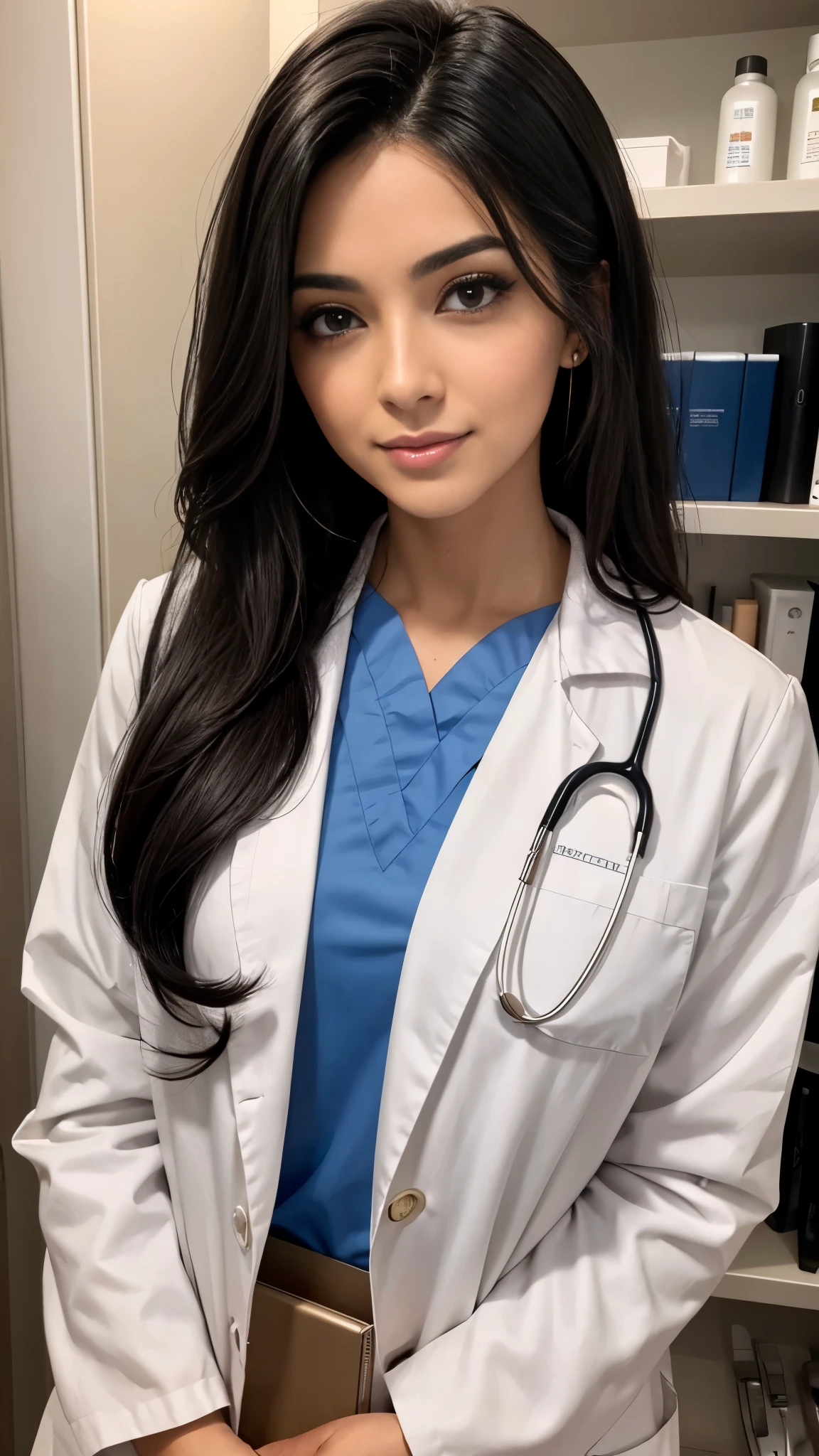 Beautiful black-haired doctor with brown eyes and long hair, con hermoso maquillaje, in a doctor's office, daring and sensual photo session