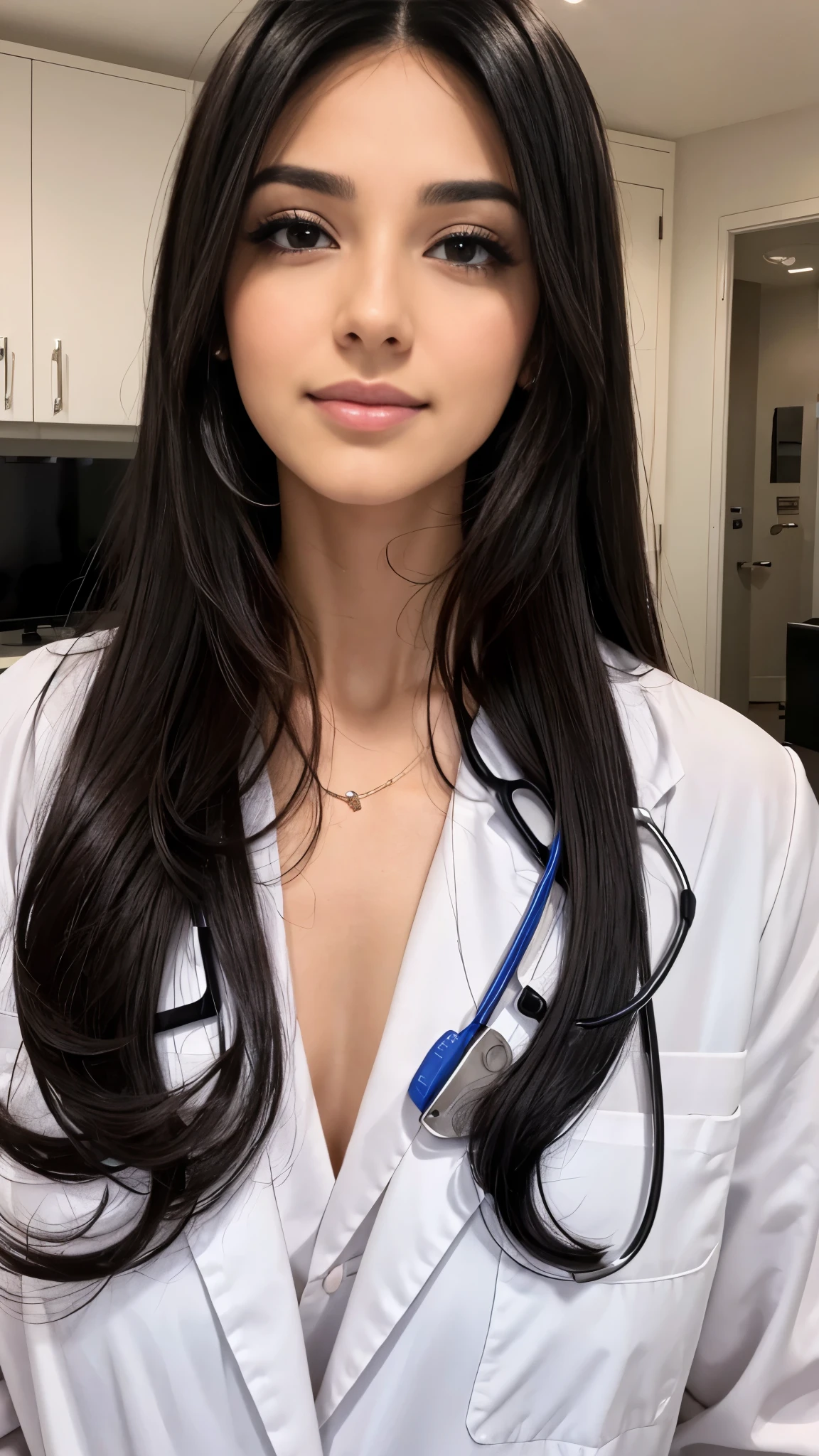 Beautiful black-haired doctor with brown eyes and long hair, con hermoso maquillaje, in a doctor's office, daring and sensual photo session