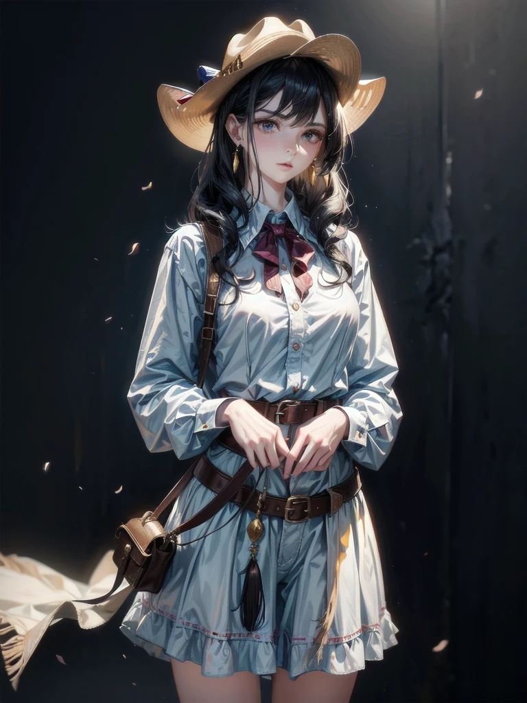 cowgirl, western hat, collared shirt, western fashion, western townscape, absurdres, RAW photo, extremely delicate and beautiful, masterpiece, Best Quality, ultra high resolution, 32k, hyperrealistic, ultra-detailed, detailed description, pale skin, 20 years old, tearful mole, earring, short medium hair, wavy hair, whole body shot,