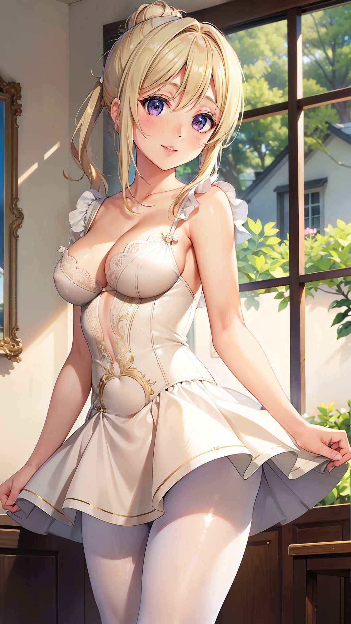 1girl, natural lighting, masterpiece, highly detailed, illustration, game CG, absurdres, high quality, beautiful detailed eyes, glossy lips, natural lighting, medium breasts, blonde hair, hair bun, bangs, hair between eyes, arisa ayase, aahiyori, ballerina, pantyhose, light smile, 