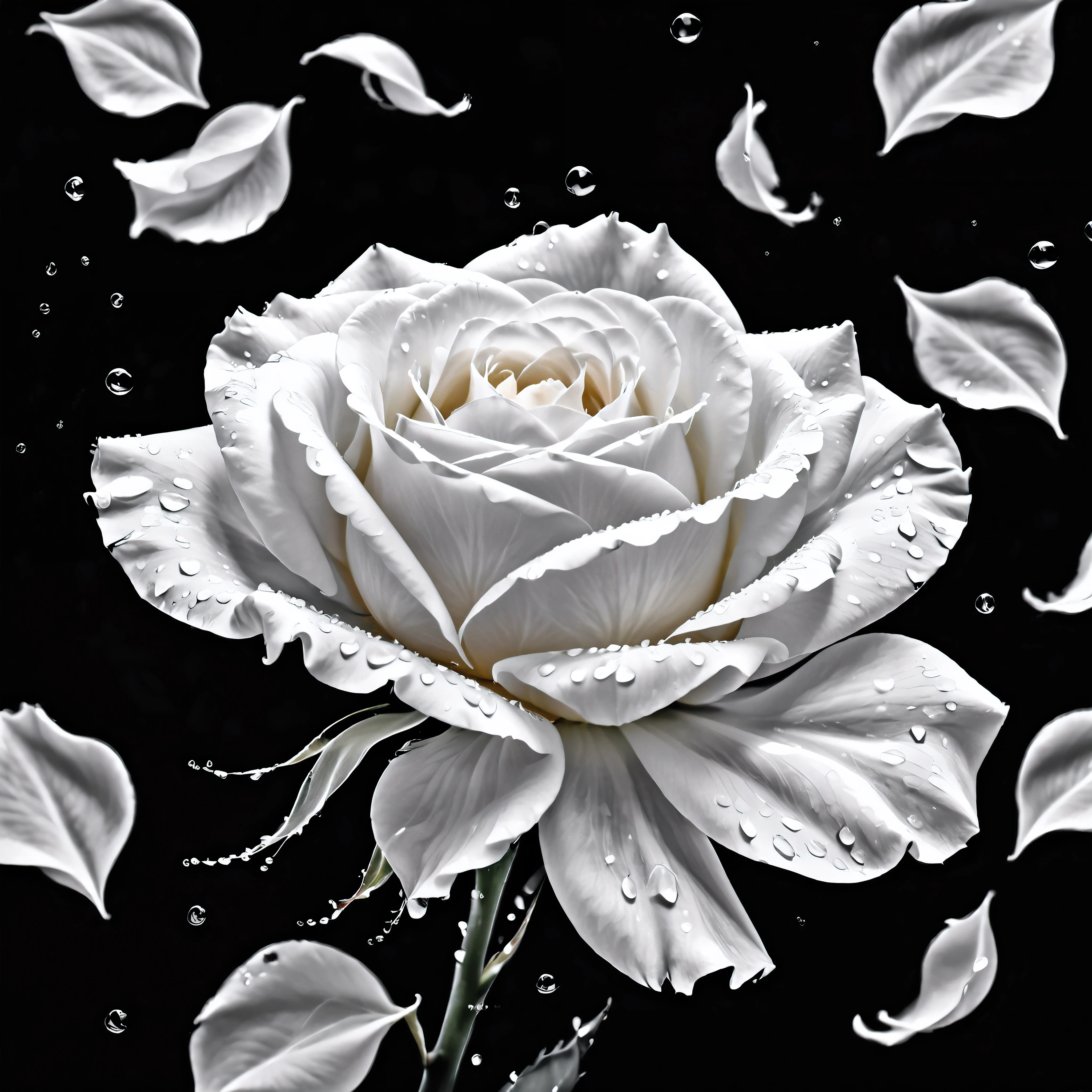 ((Selective color)), ((monochrome)), Drawing of Delicate White Rose Petals floating by the winds, smooth lines, fine art piece, water splashes, Express expressions and postures through ink contrast, emphasize light, shadow and space. figurative art, (best quality, 4K, 8k, high resolution,masterpiece:1.2) ,(actual, photoactual, photo-actual:1.37).