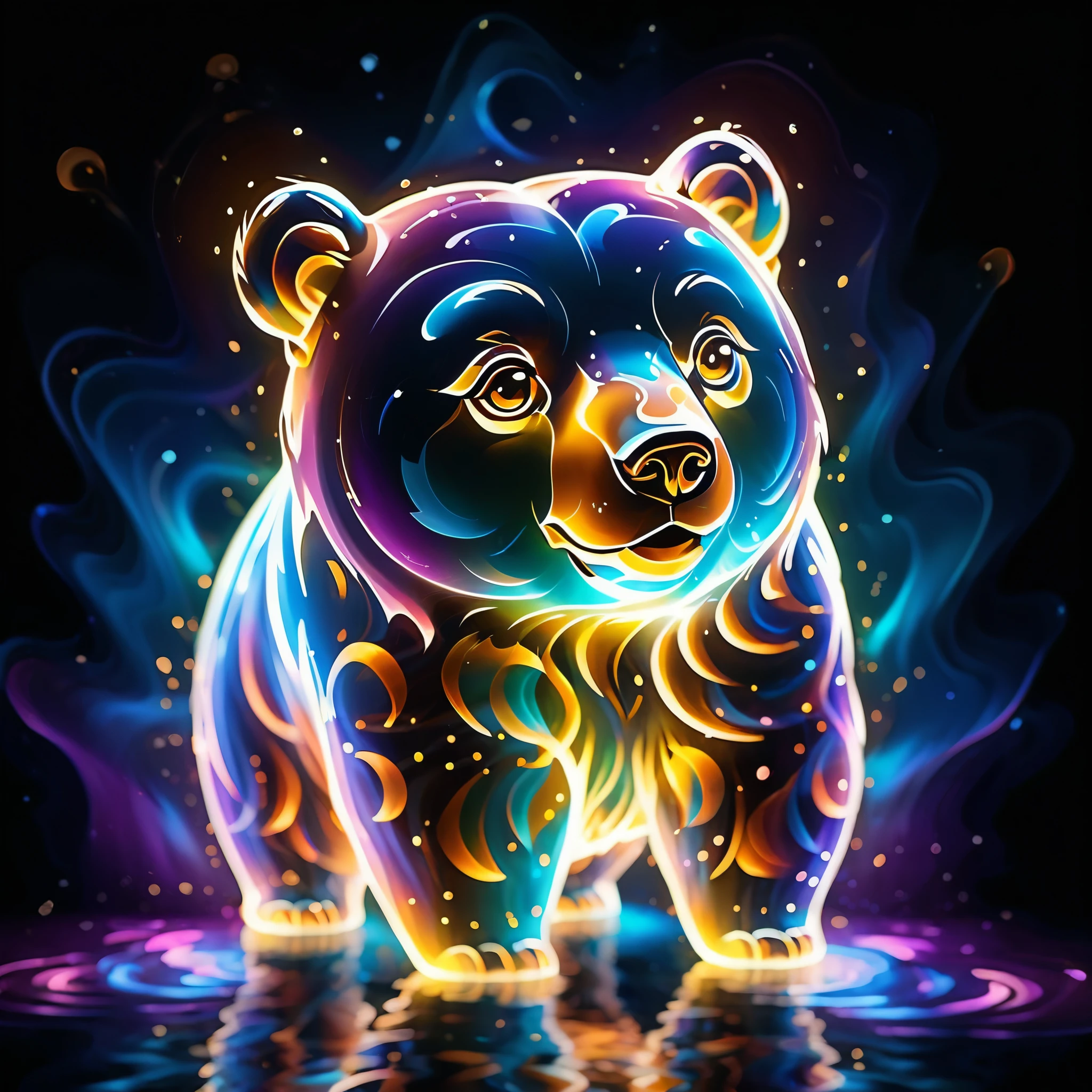 Glowing energy forms the shapes of a cute bear, forming intricate patterns that seem to ripple and shift with the passage of time.